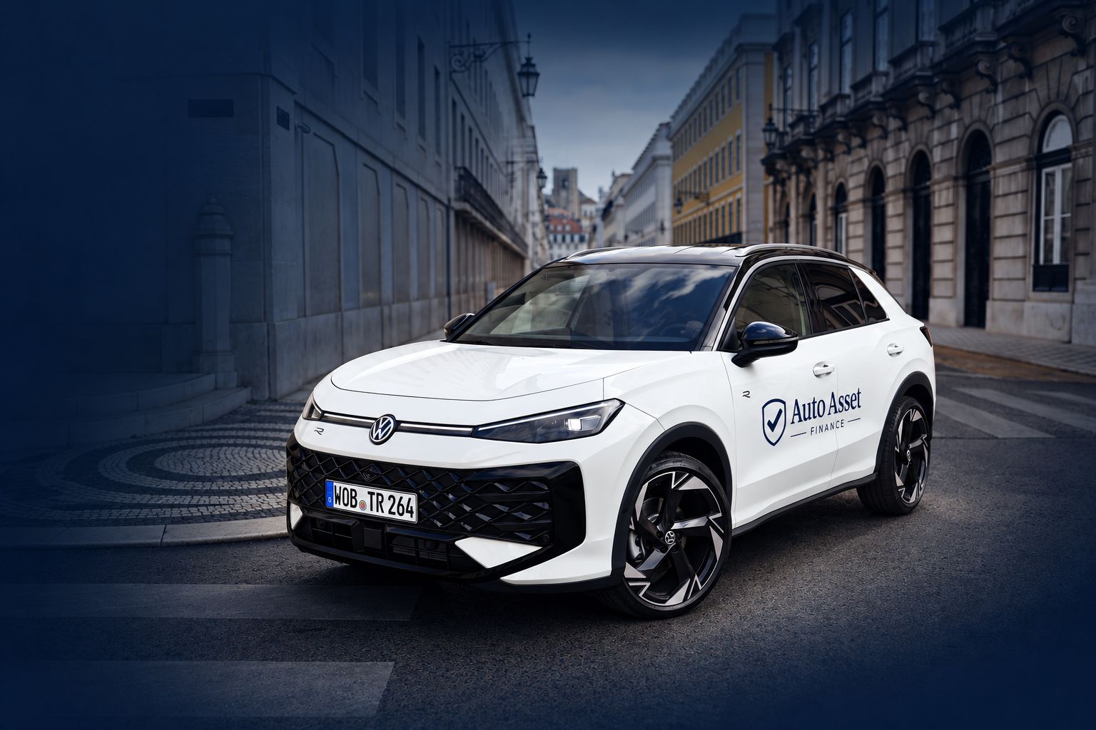 White Volkswagen T-Roc with Auto Asset Finance door branding on a city street